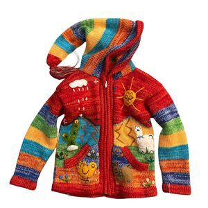 Sisandina Red Multicolor Animals Embroidered Wool Hoodie Sweater Kids Size 2